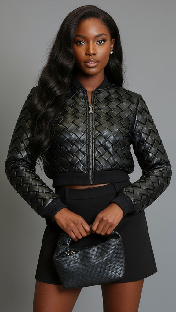 basketweave vegan leather bomber