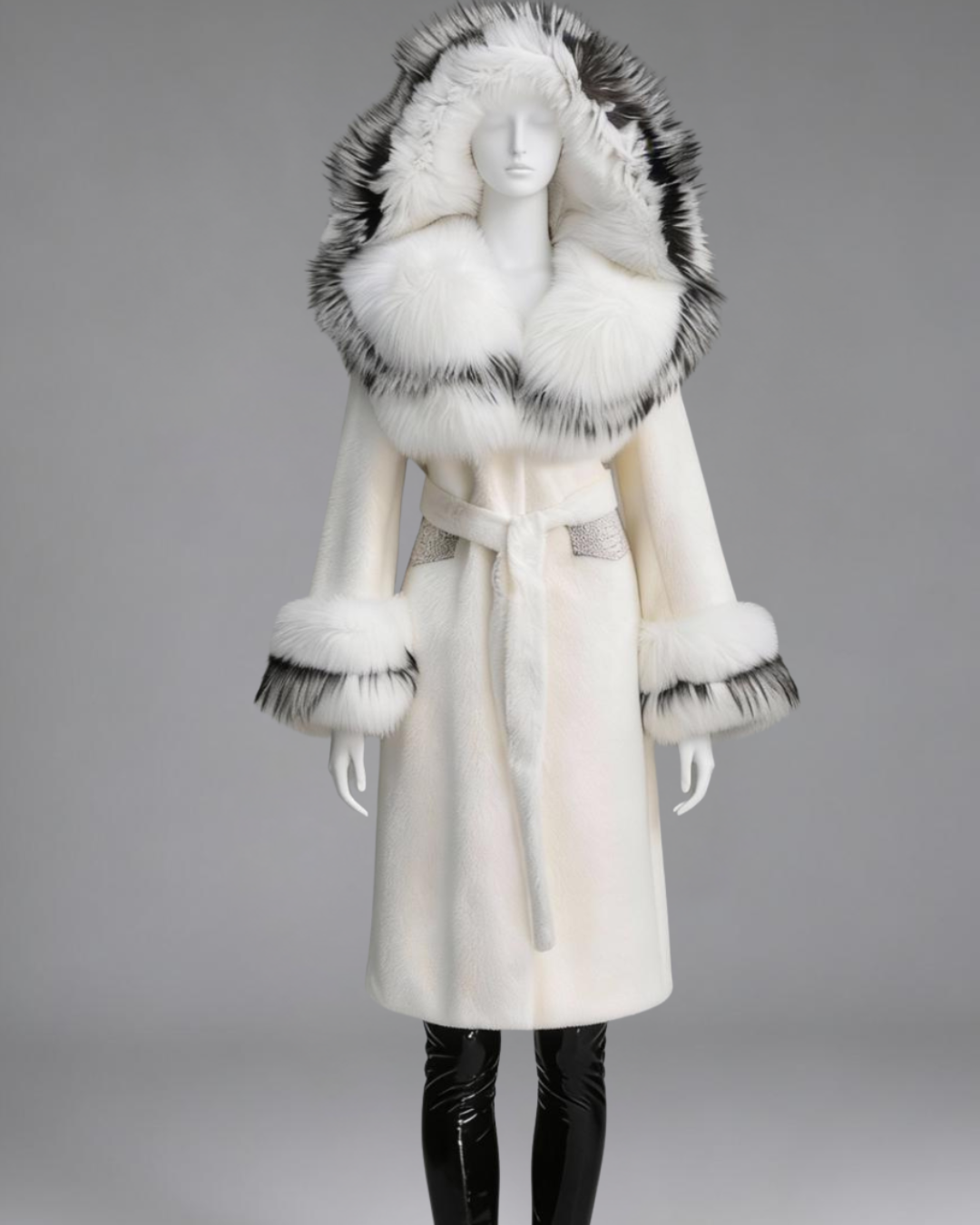 White fox fur coat with silver fox black trim on a mannequin against a gray background