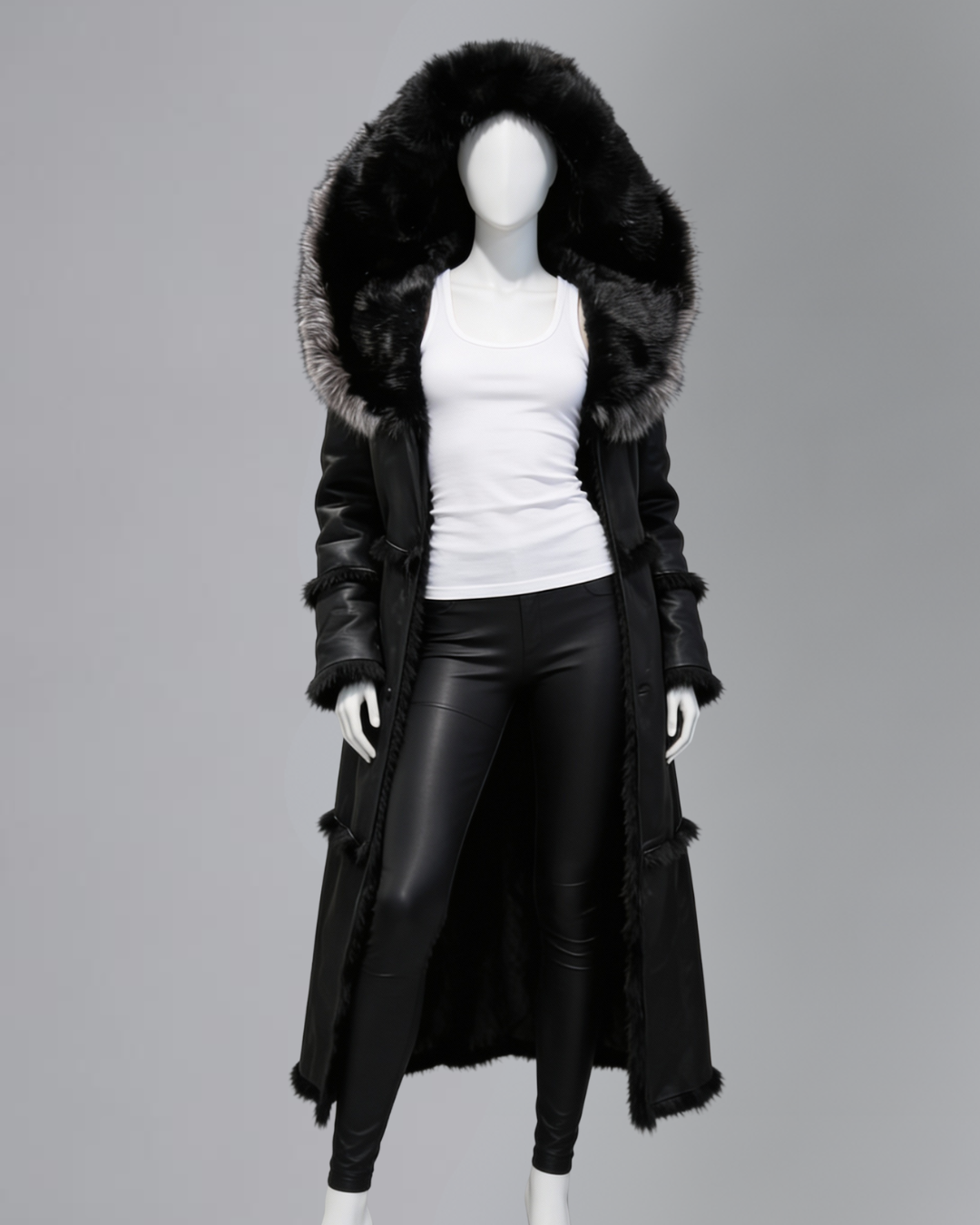 Long black coat with fur hood on a mannequin against a gray background