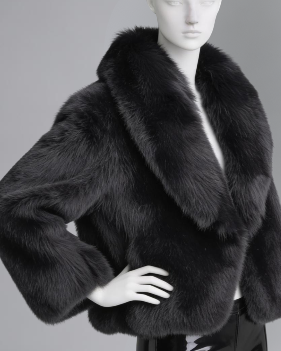 Close-up of the thick, premium texture of authentic black fox fur highlighting its natural sheen.