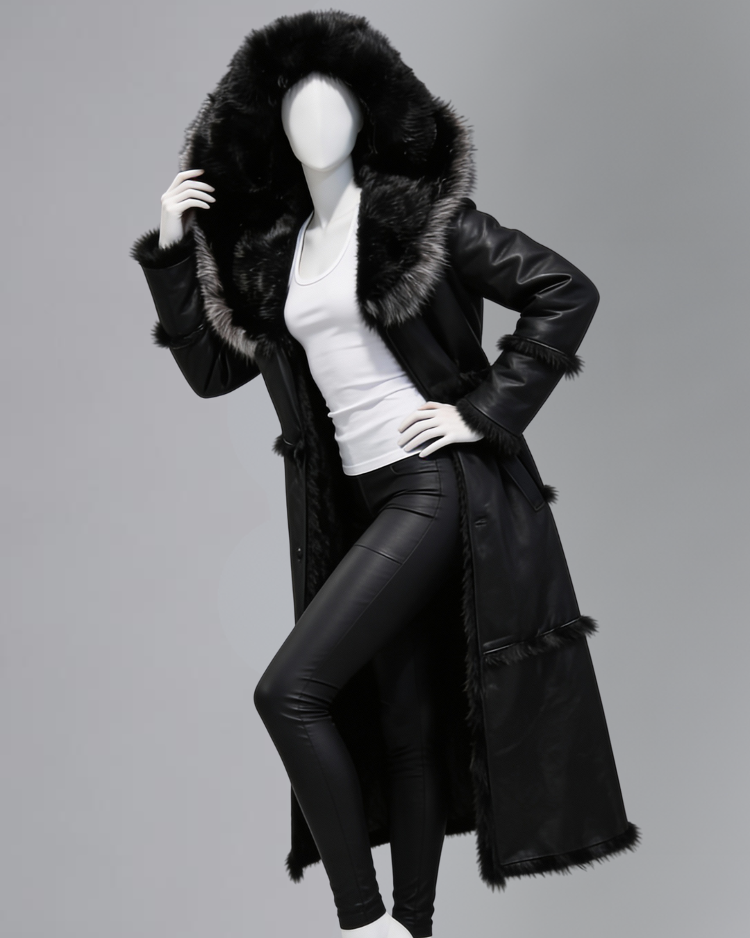 Black coat with fur hood on a mannequin against a gray background