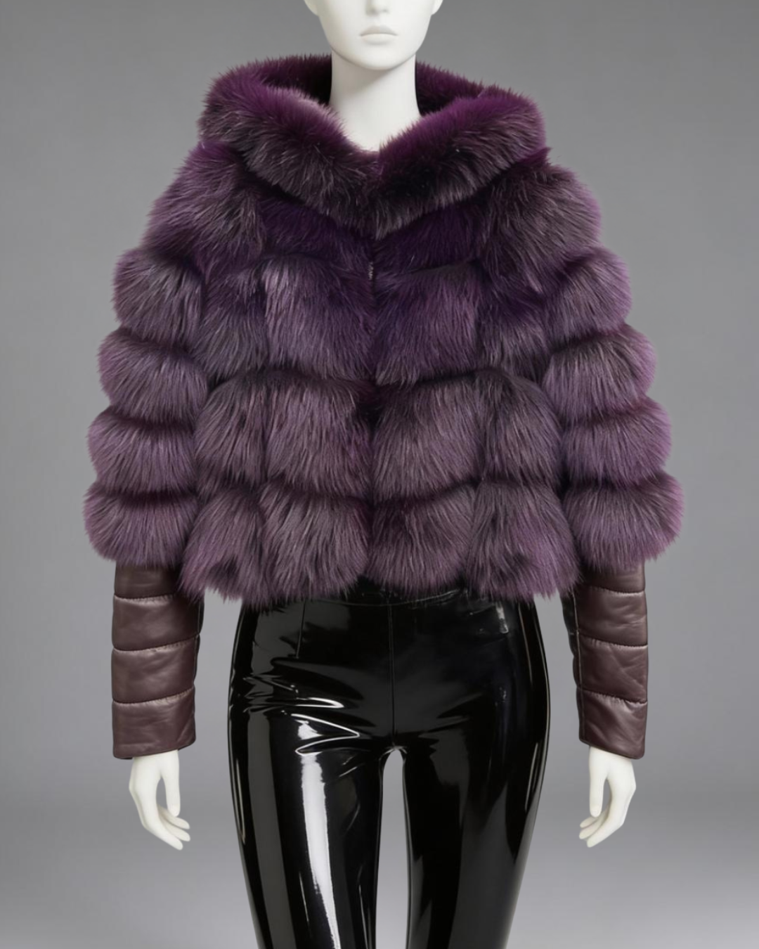 Plum Hooded Fox-Leather Jacket