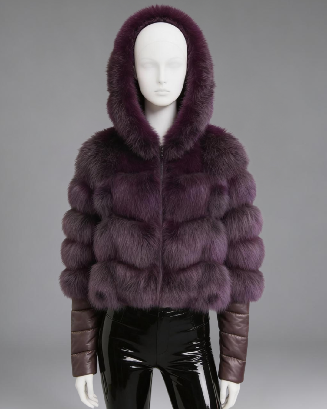 Plum Hooded Fox-Leather Jacket