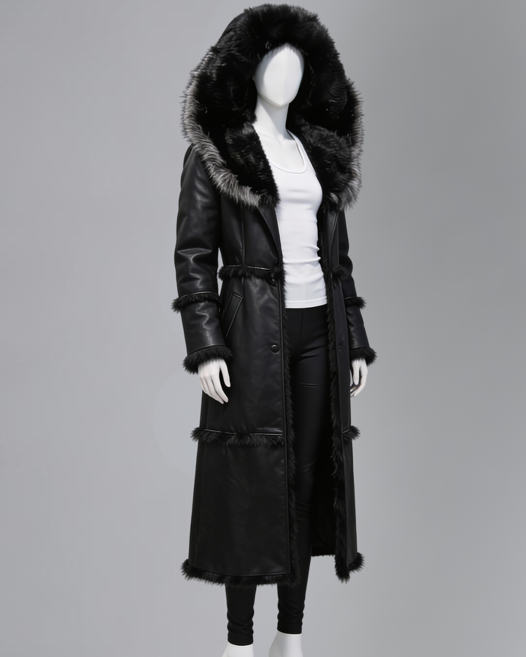 Edgy, formal black shearling and silver fox fur coat styled for a luxury streetwear aesthetic
